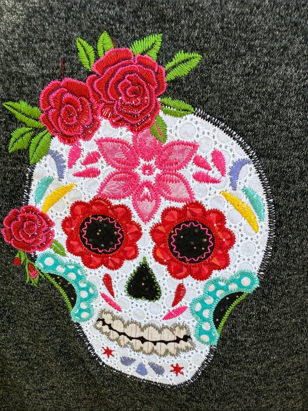 Charcoal Long-Sleeve Tee with Embroidered Floral Sugar Skull